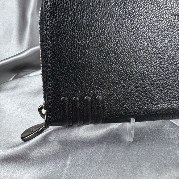 J. Estina Zip Aound Wallet Black Rainbow Accordion 12 Card Slots Pebbled Leather - Picture 4 of 17